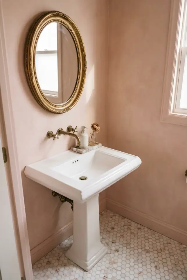 Elegant Pink Powder Room With Soft Vintage Details 1