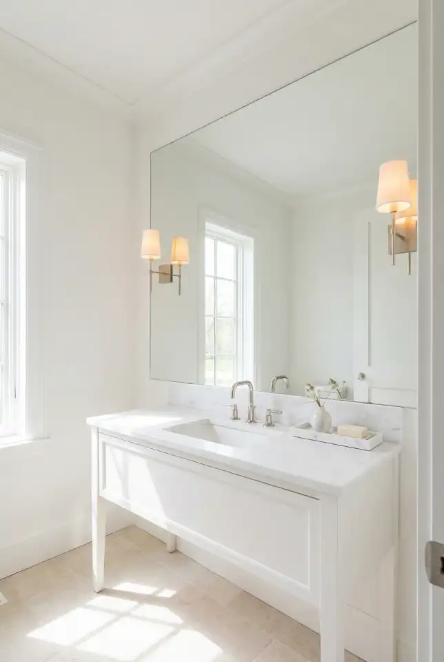 Elegant White Half Bath With Large Mirror and Soft Lighting 1