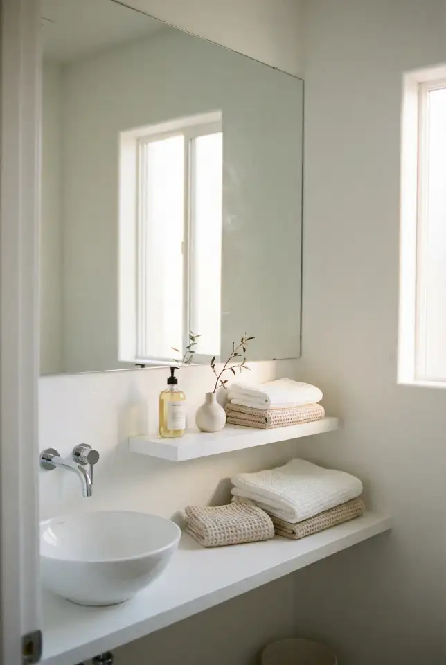 Elegant White Half Bath With Large Mirror and Soft Lighting 2