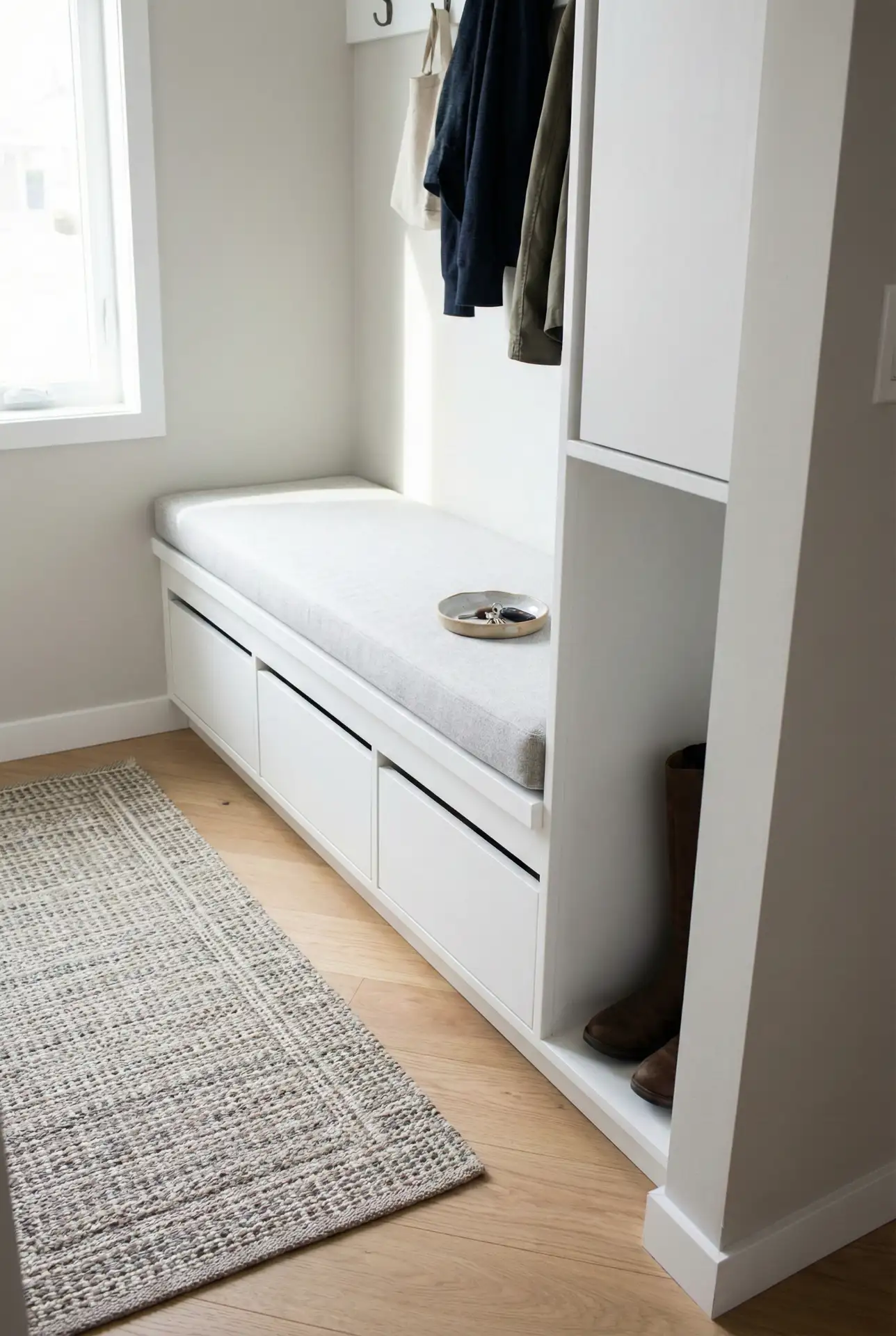 Entryway Bench With Shoe Drawers And Boot Bay 1