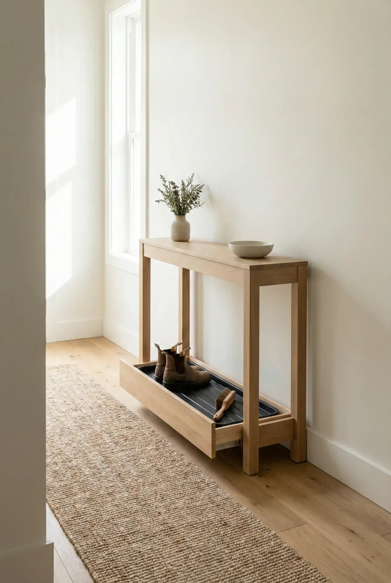 Entryway Boot Tray Drawer Hidden Under A Console 2