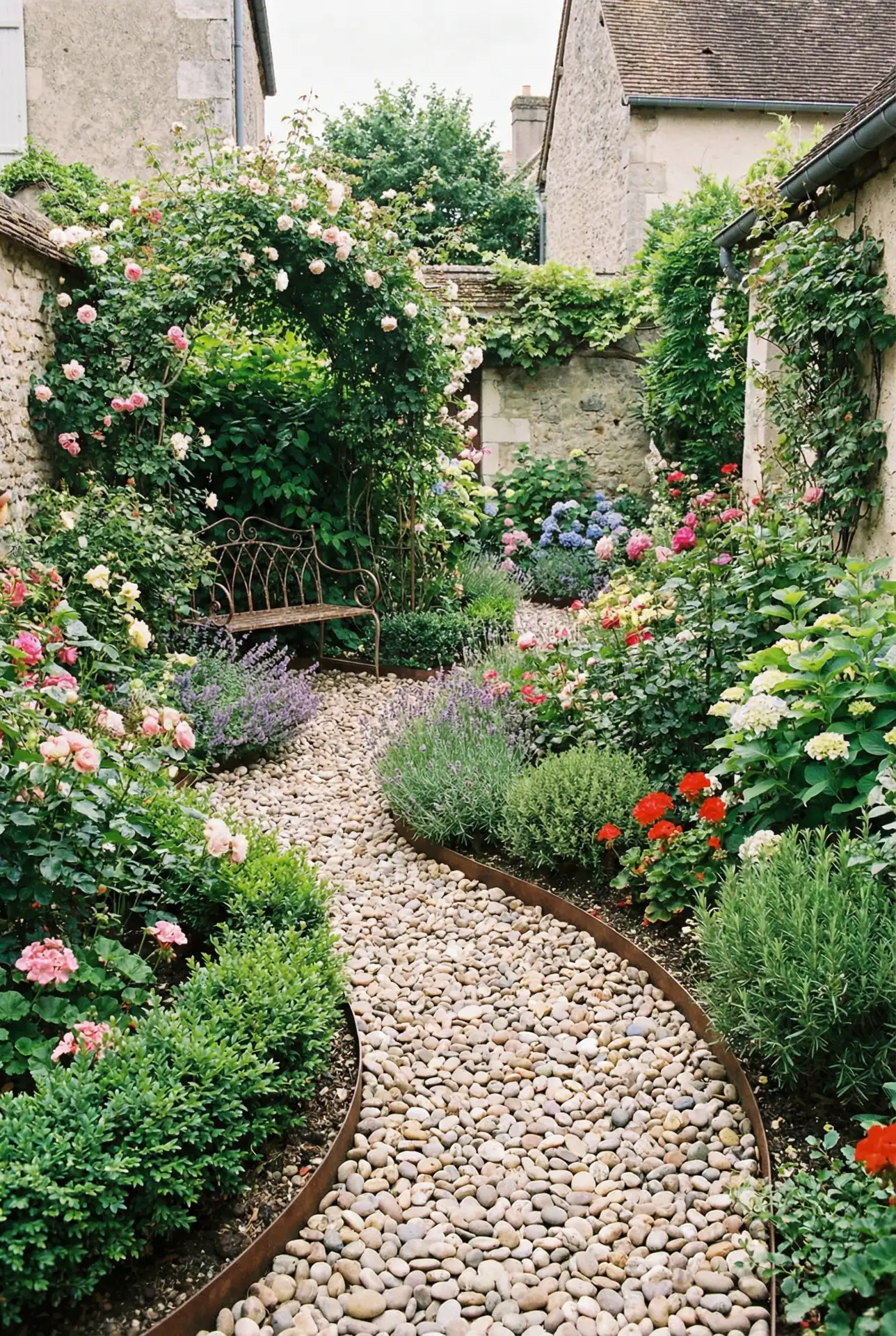 European-Inspired Pebble Path Through Colorful Planting 2