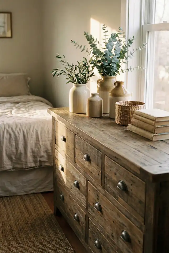 Farmhouse Bedroom Dresser With Soft Seasonal Greenery 1