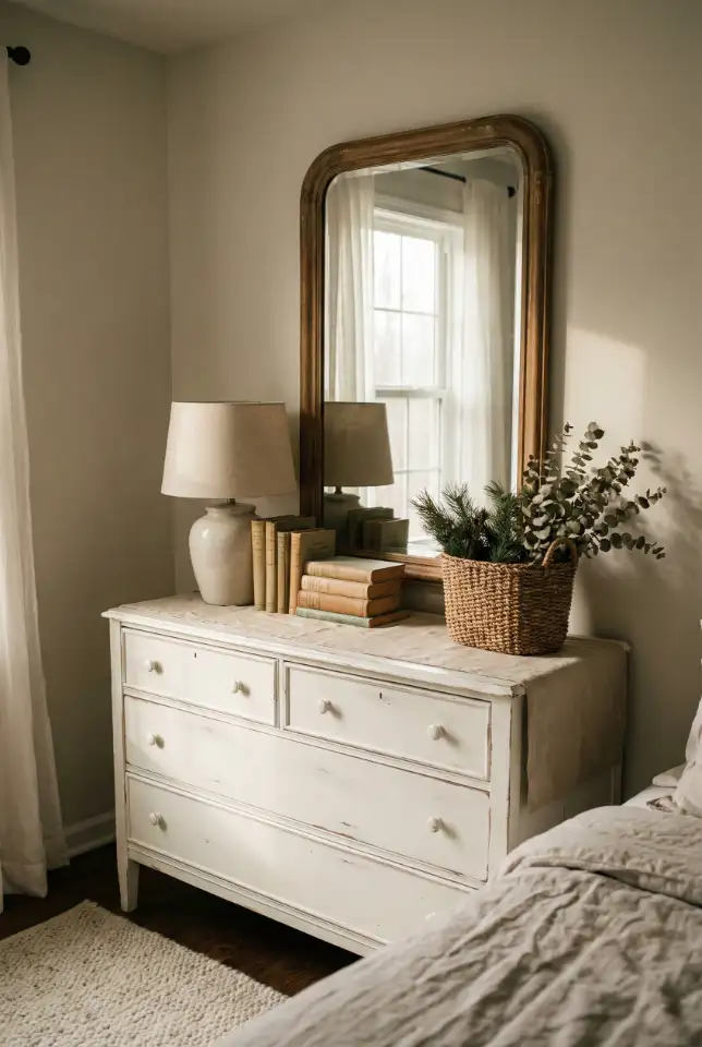 Farmhouse Bedroom Dresser With Soft Seasonal Greenery 2