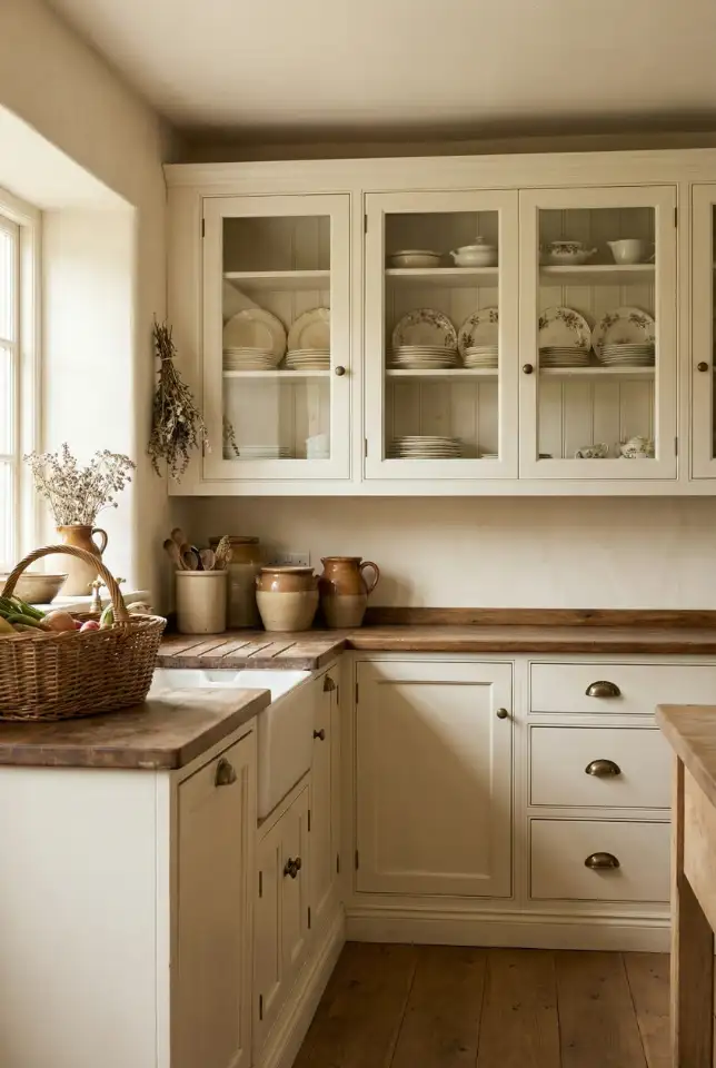 Farmhouse Cabinet Ideas With Glass-Front Upper Storage 2