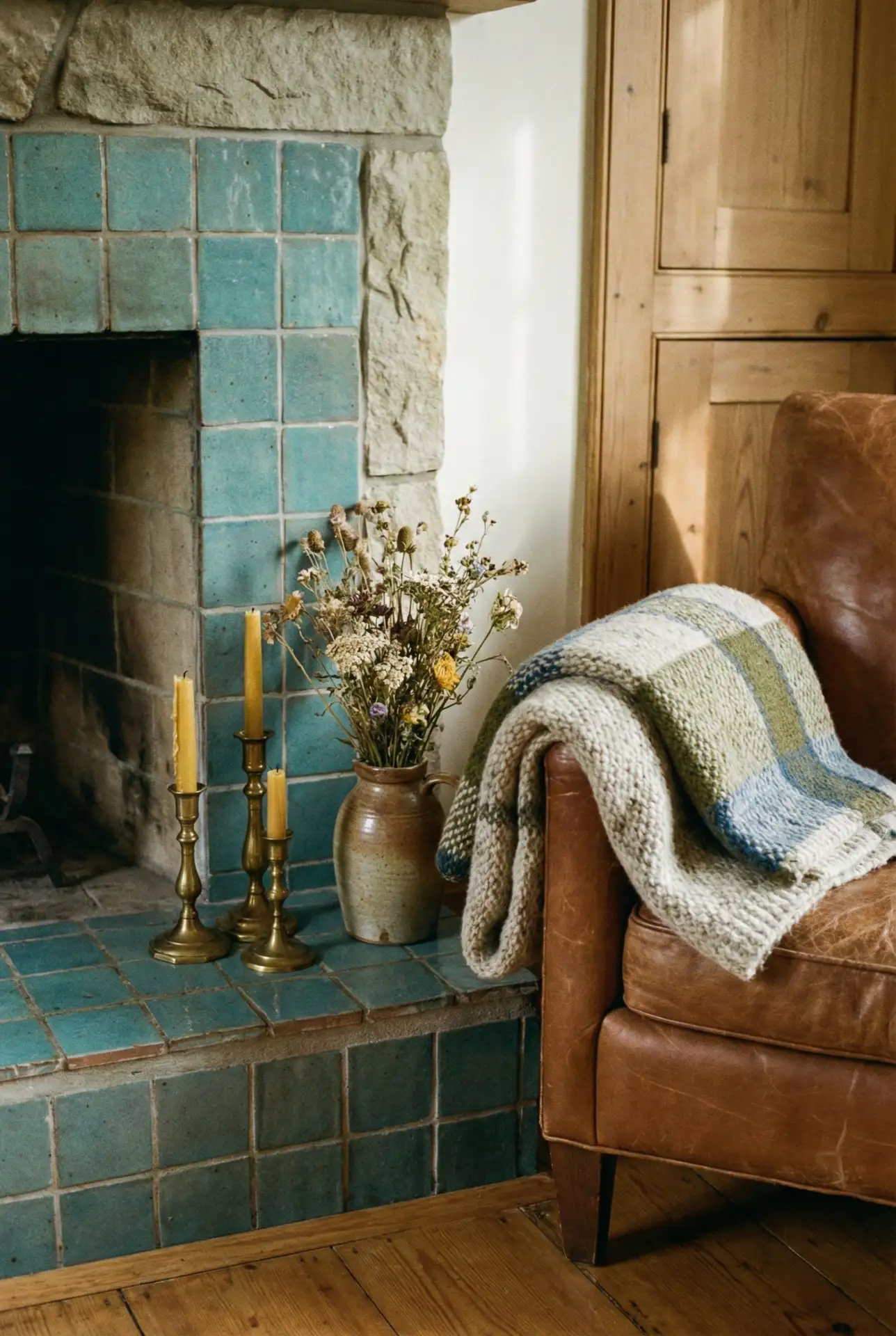 French Cottage Fireplace With Soft Blue-Green Tile Detail 1