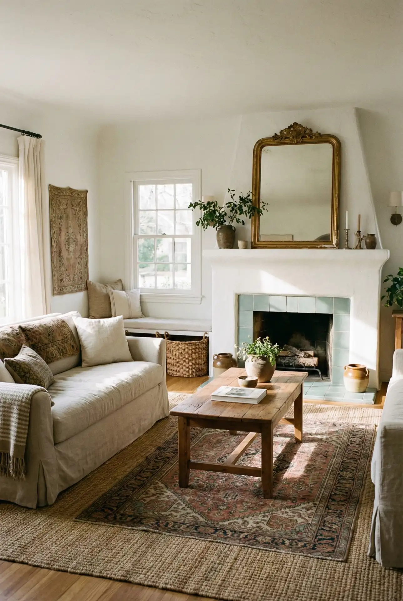 French Cottage Fireplace With Soft Blue-Green Tile Detail 2