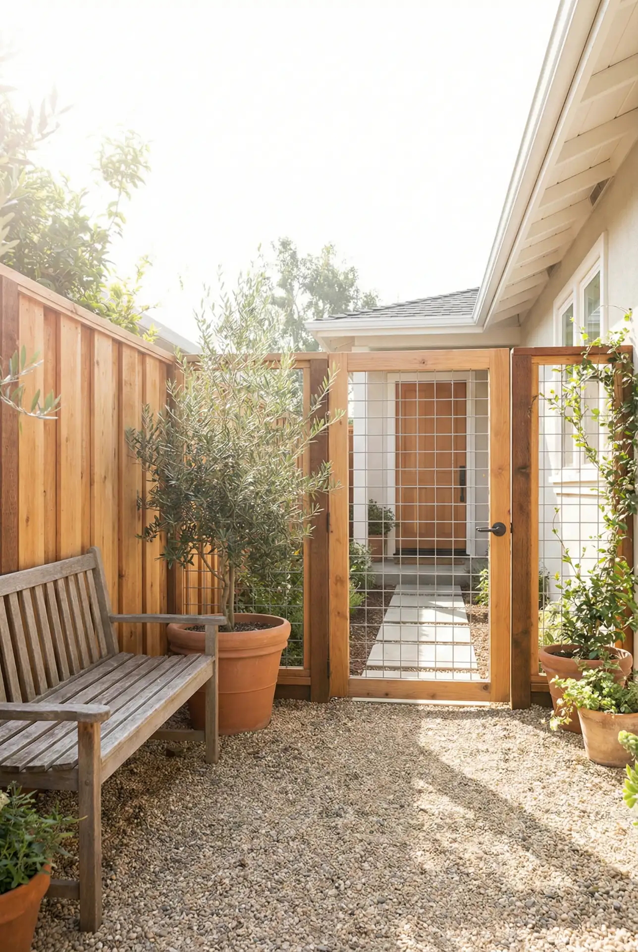 Front House Courtyard Fence With Wood And Wire Gate 1