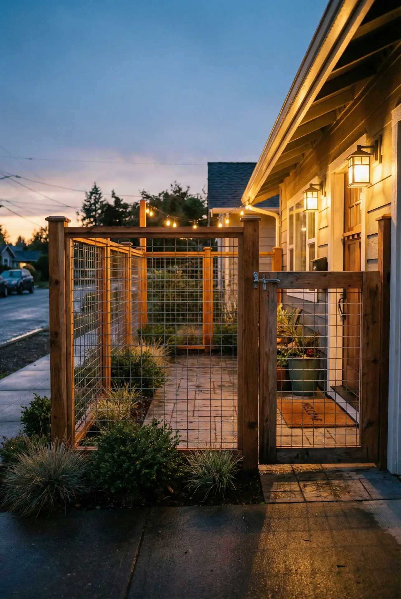 Front House Courtyard Fence With Wood And Wire Gate 2