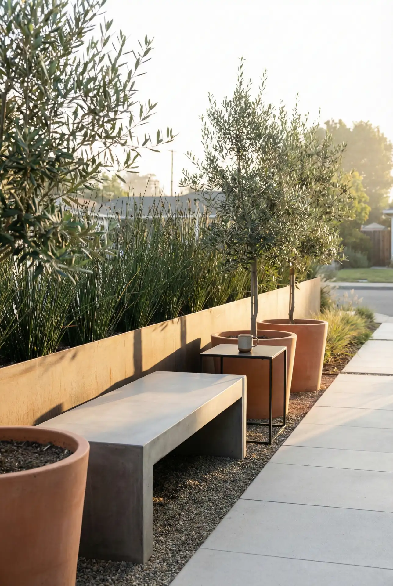 Front Patio With Modern Stone Bench And Planter Wall 1