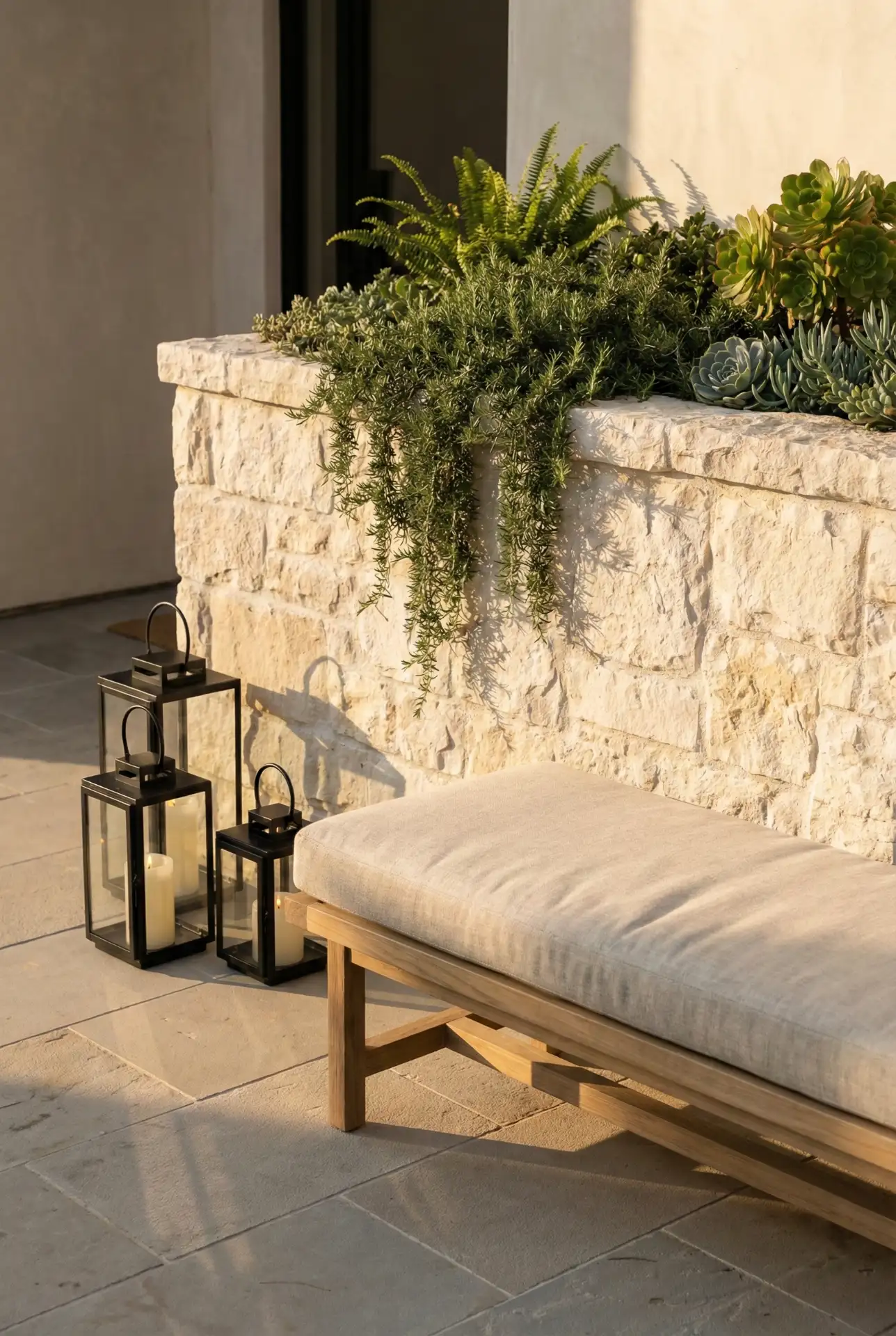 Front Patio With Modern Stone Bench And Planter Wall 2