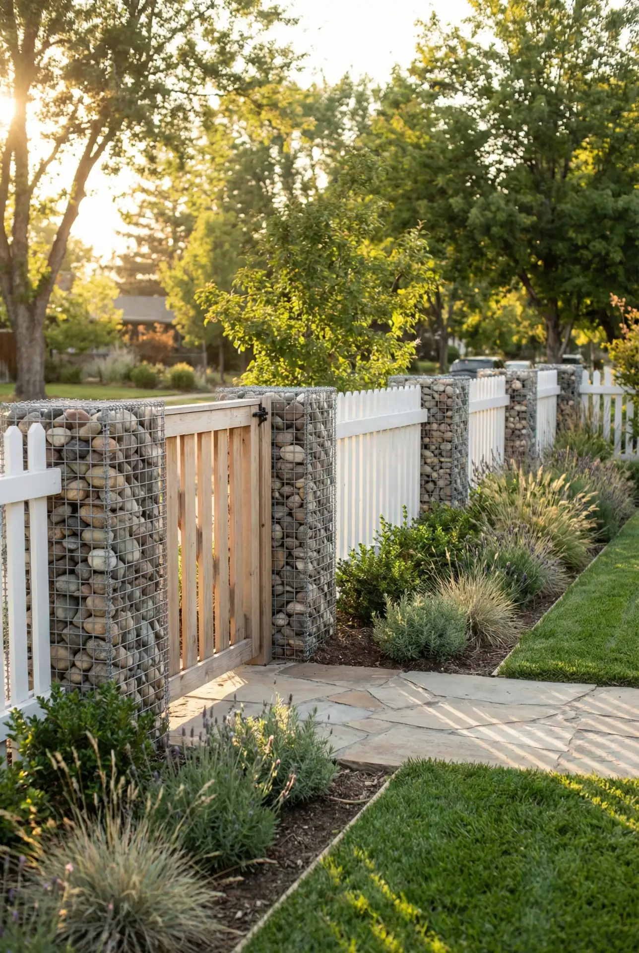 Front Yard Fence With Gabion Base And Picket Top 2