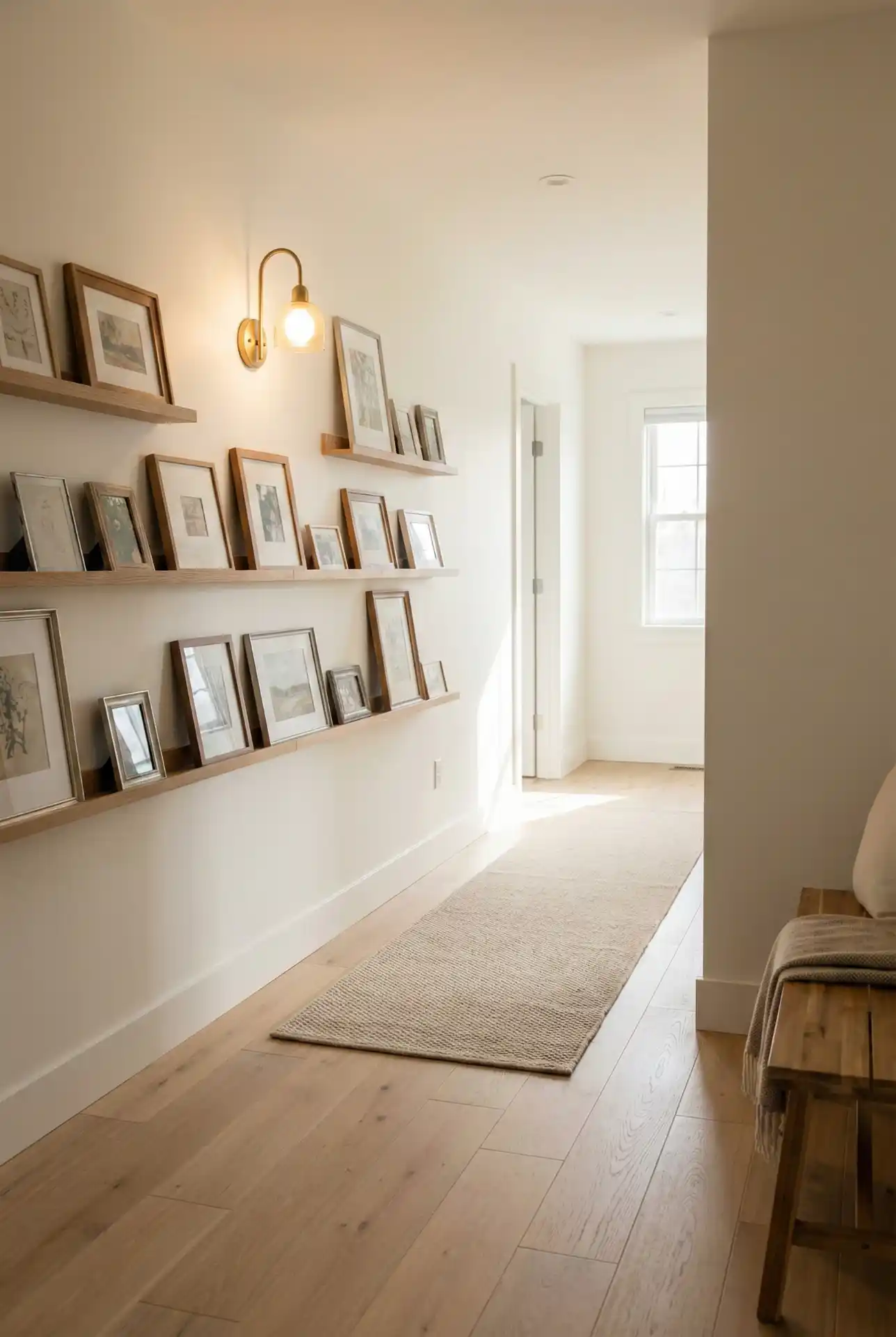 Gallery Wall With Picture Ledges For A Narrow Hallway 1