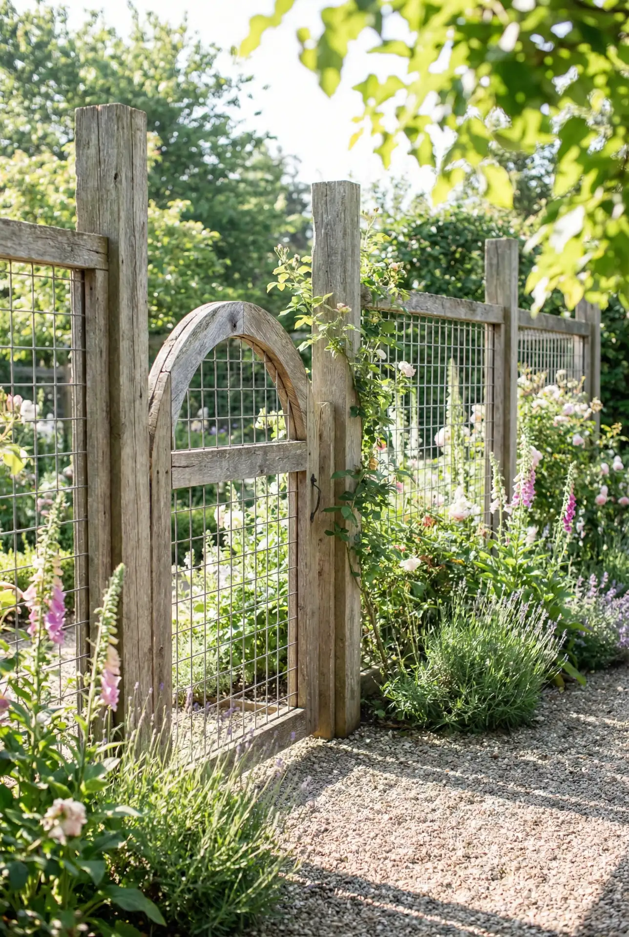 Garden Fence With Reclaimed Wood And Wire Arch Gate 1