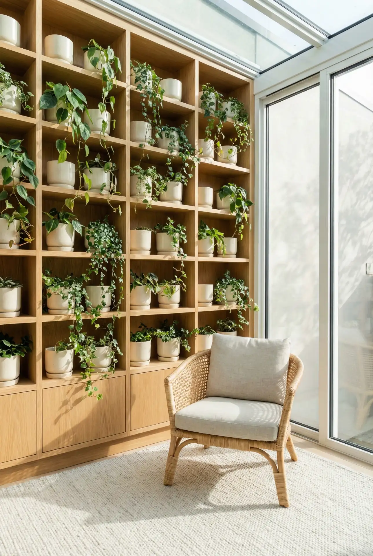 Glass Sunroom With Indoor Plant Shelving Wall 1