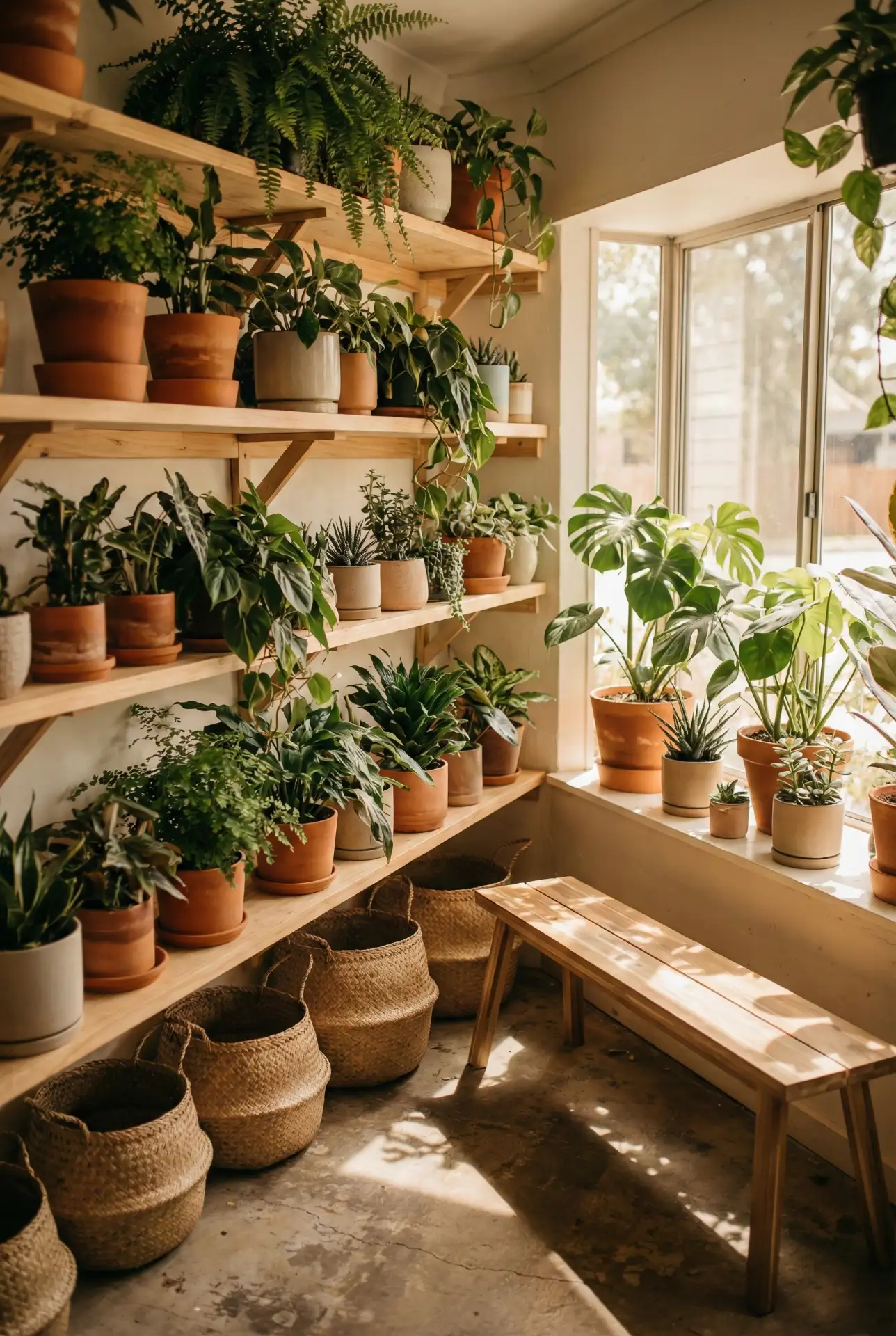 Glass Sunroom With Indoor Plant Shelving Wall 2
