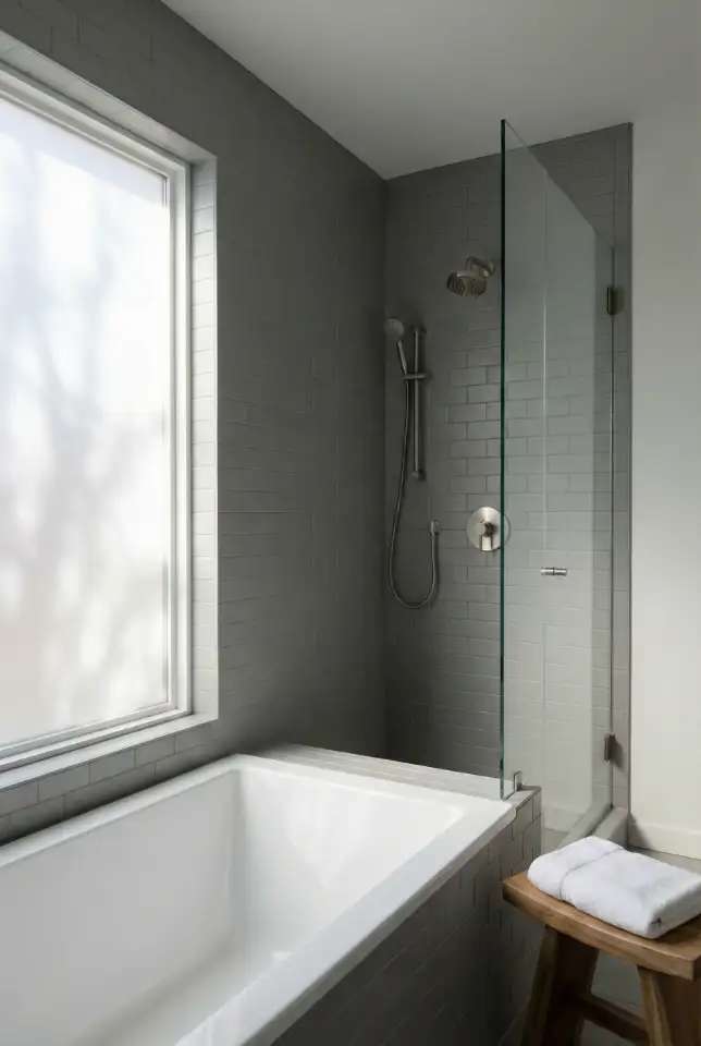 Gray Tile Shower with Bathtub Accent 1