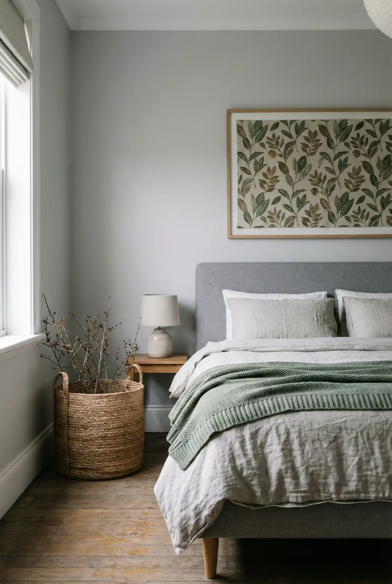 Green And Grey Bedroom With Botanical Wallpaper Panel 1