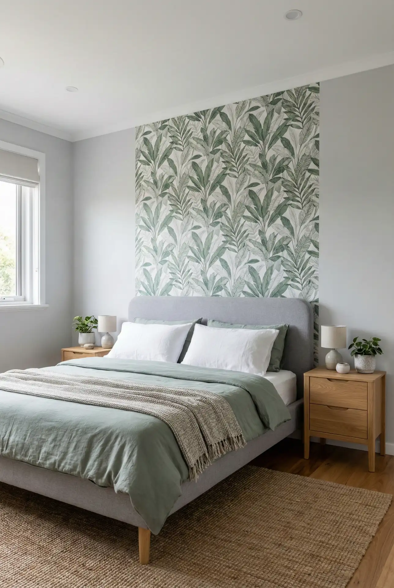 Green And Grey Bedroom With Botanical Wallpaper Panel 2