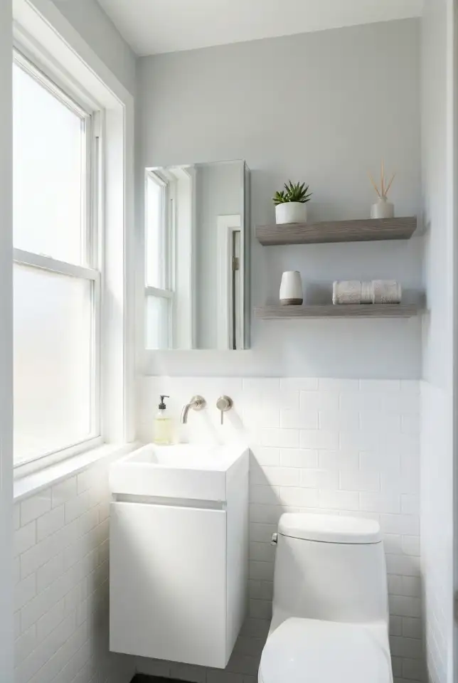 Grey And White Small Half Bathroom With Smart Storage 1
