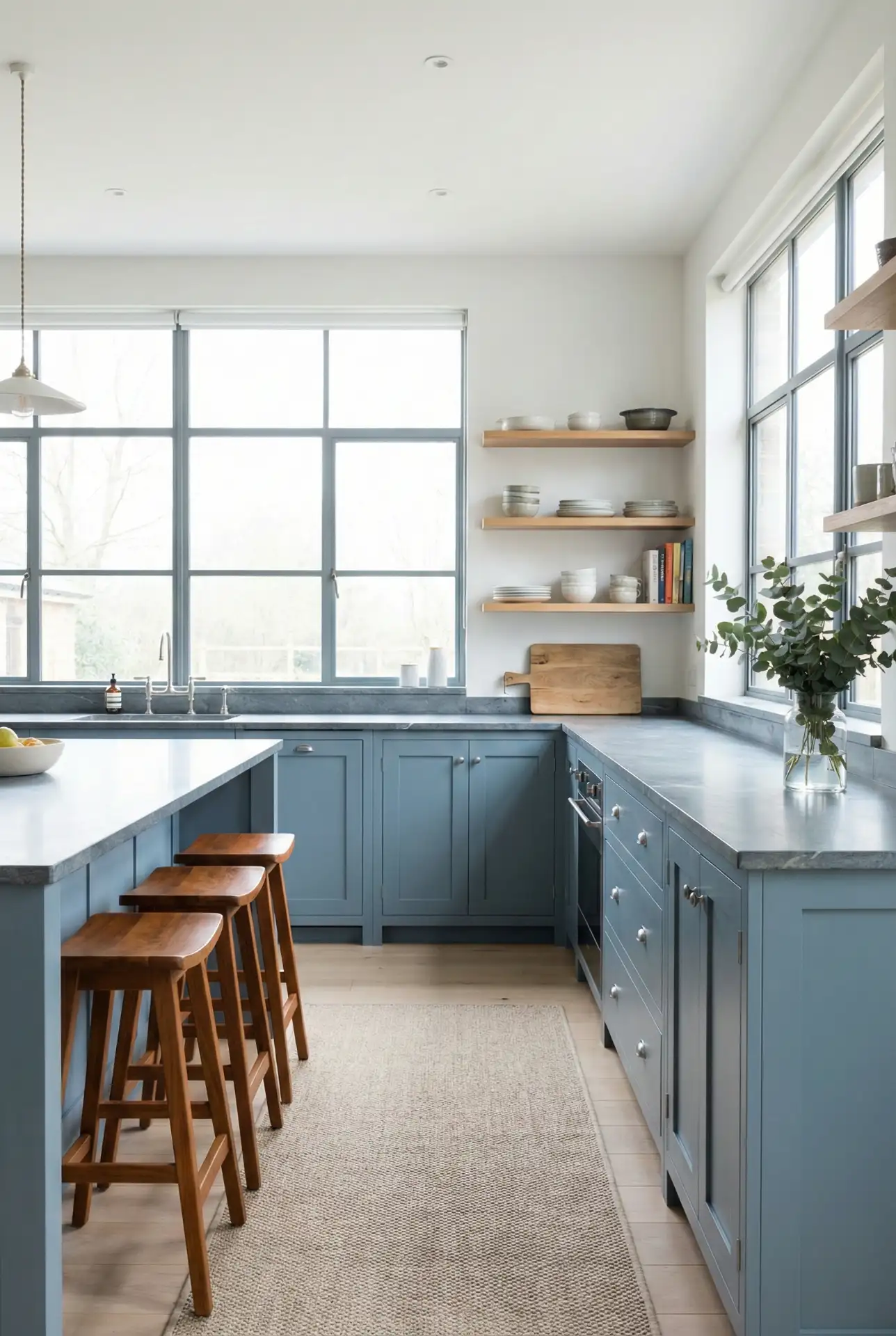Grey And Wood Open-Plan Blue Kitchen Blend 1