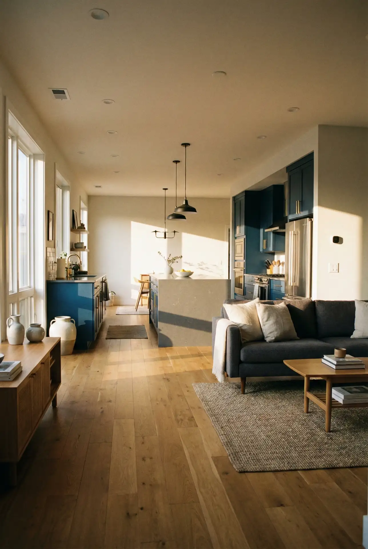 Grey And Wood Open-Plan Blue Kitchen Blend 2