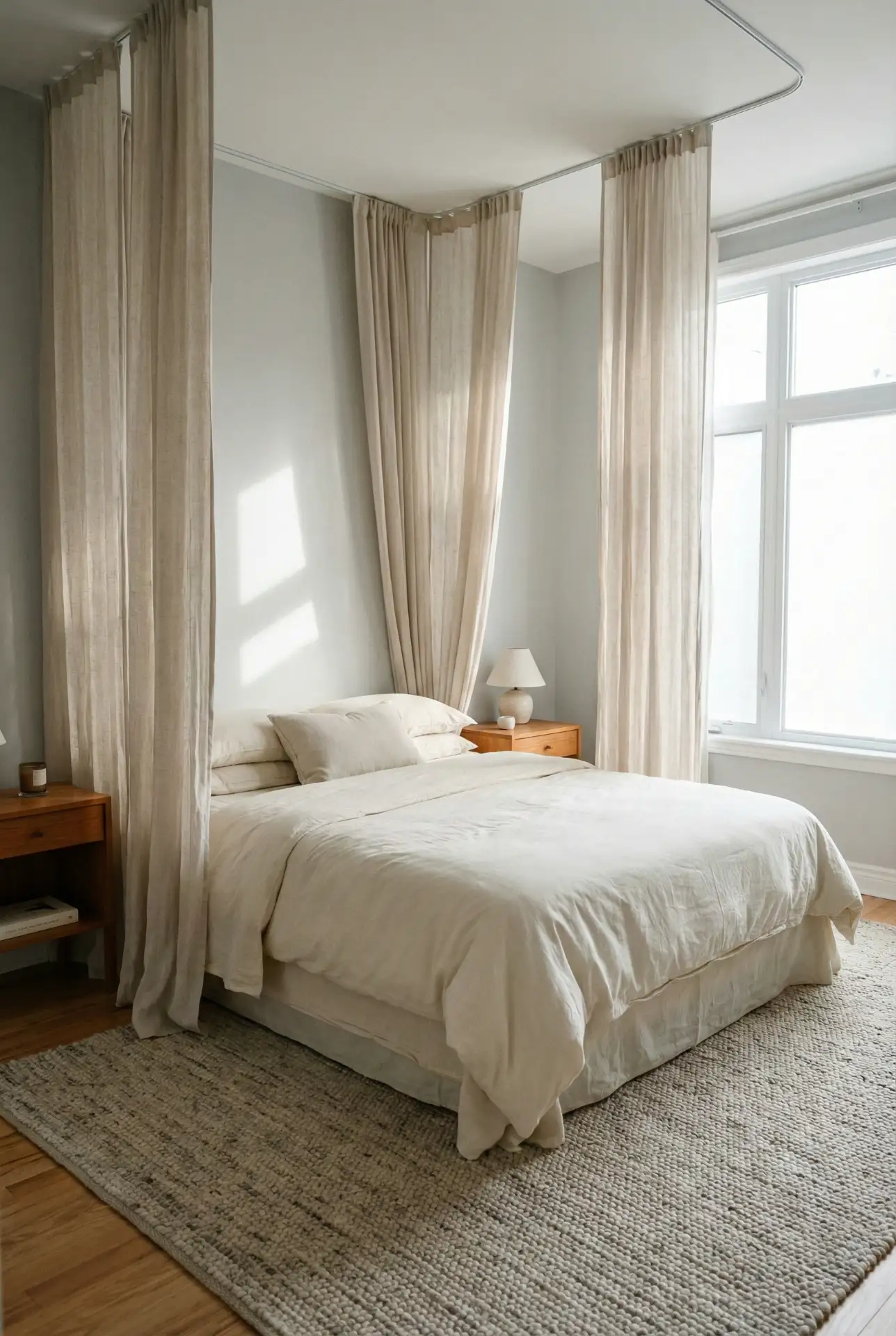 Grey Bedroom With Beige Canopy And Soft Draping 1