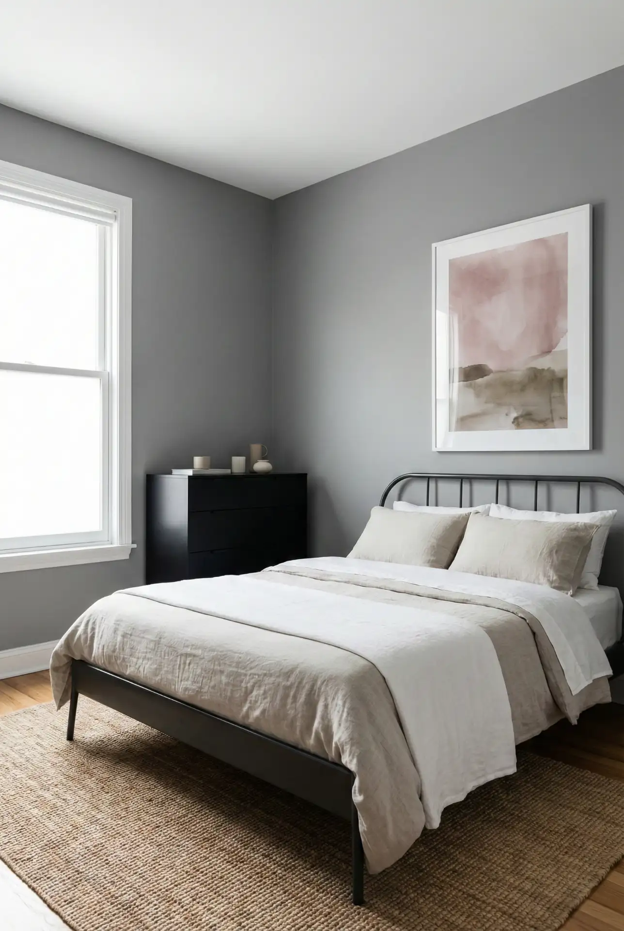 Grey Bedroom With Black Furniture And Soft Pink Art 1