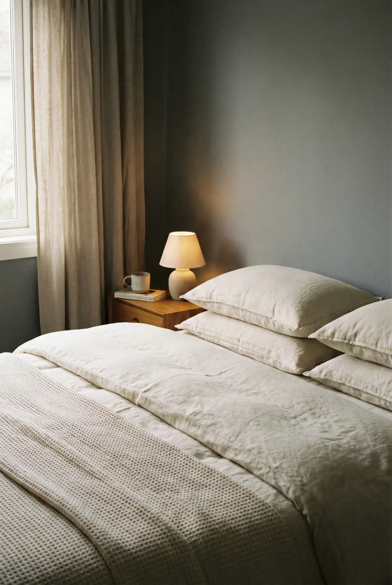 Grey Bedroom With Cream Layers And Cozy Lighting 2