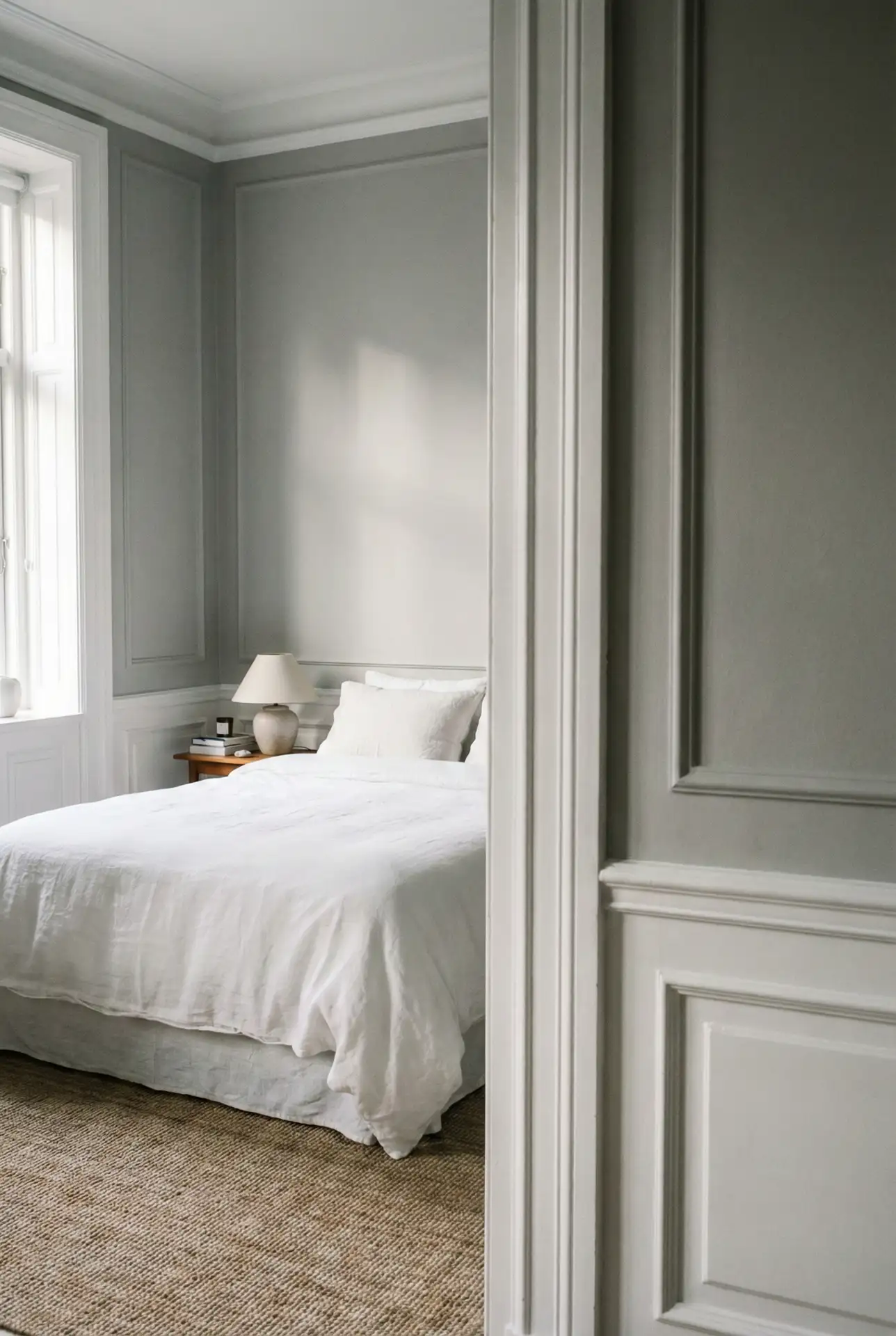 Grey Bedroom With Crisp White Trim And Built-In Calm 1