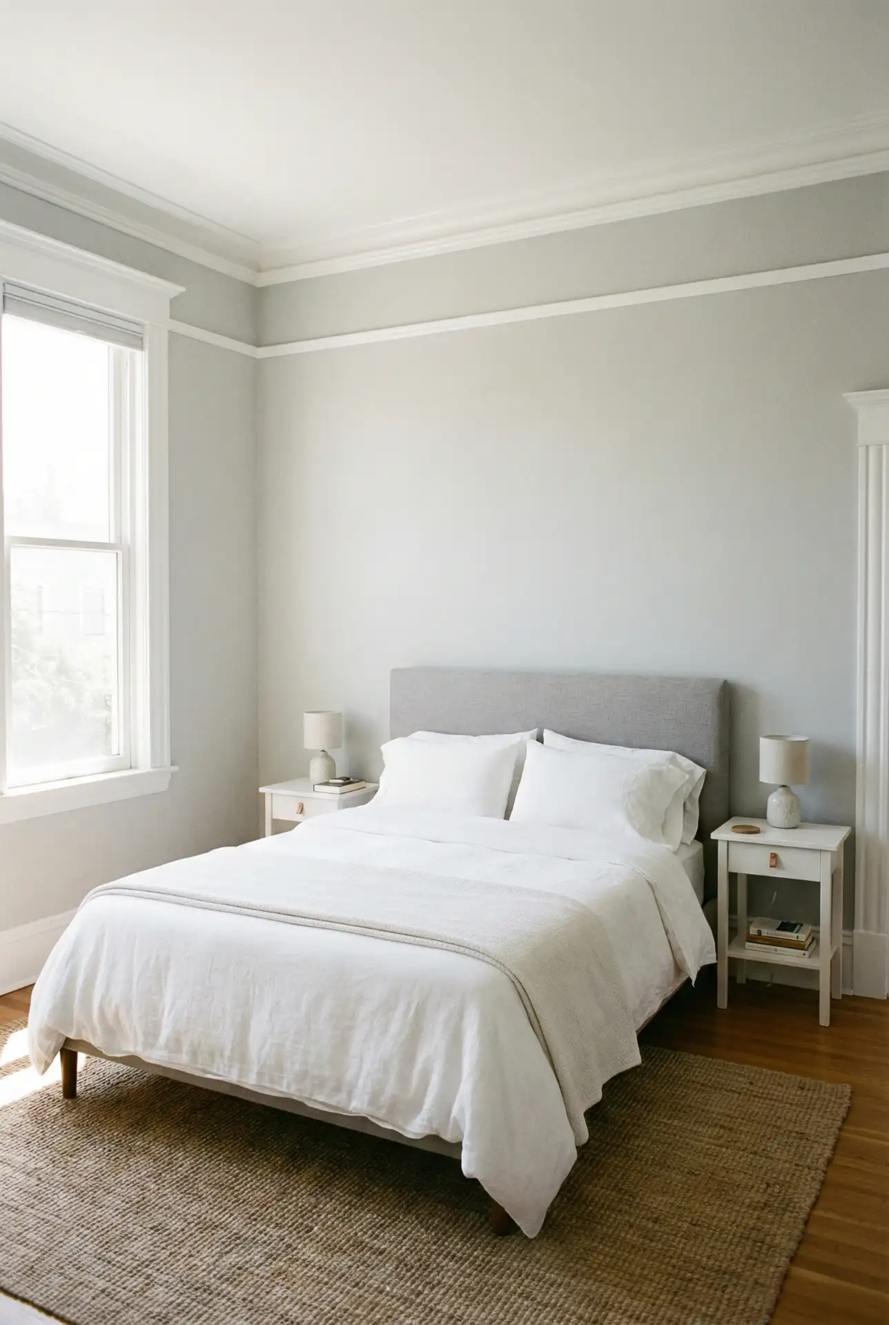 Grey Bedroom With Crisp White Trim And Built-In Calm 2