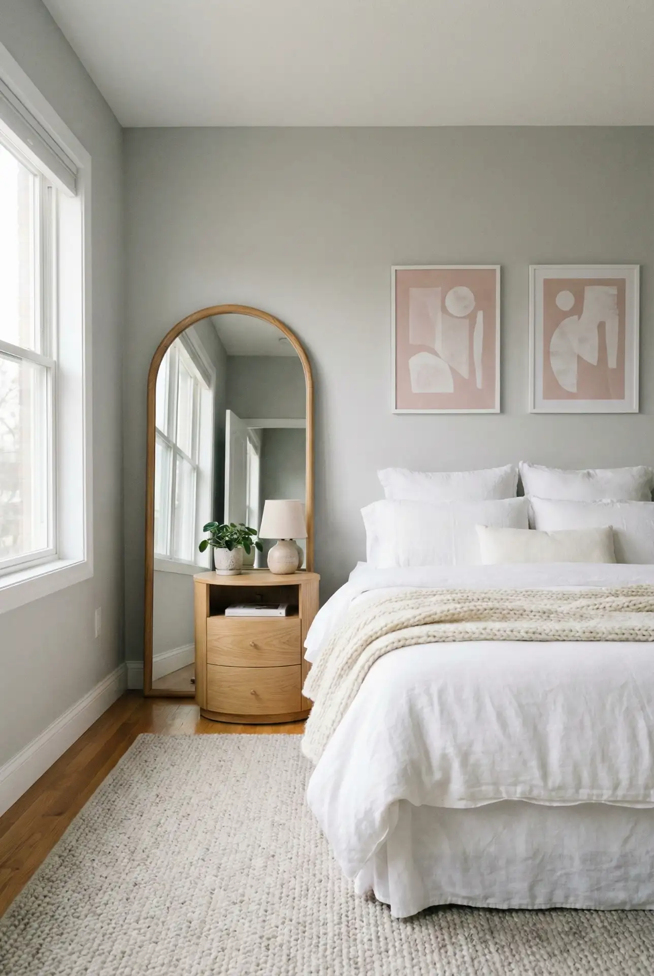 Grey Bedroom With Pink White Prints And Soft Curves 1