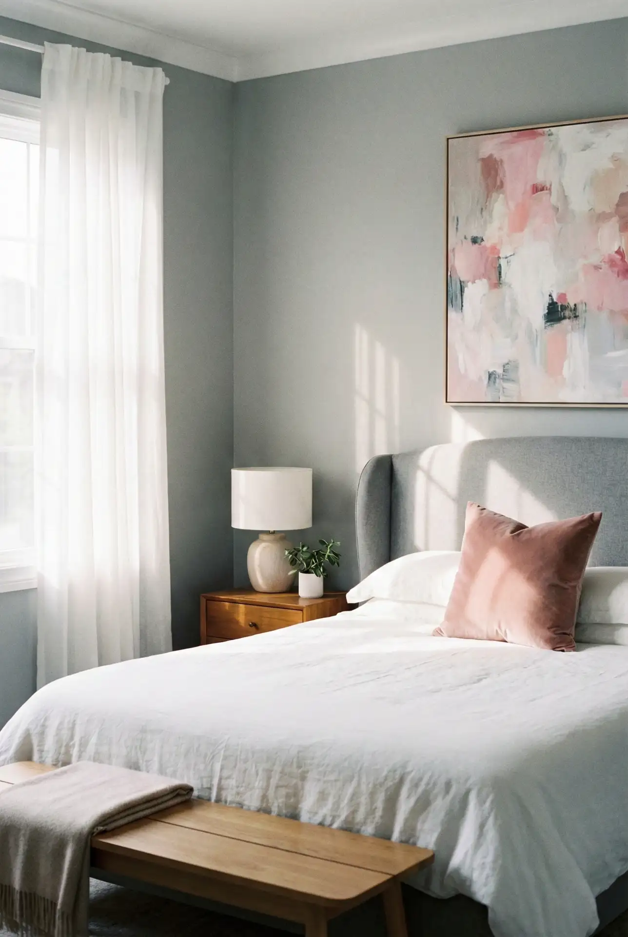 Grey Bedroom With Pink White Prints And Soft Curves 2