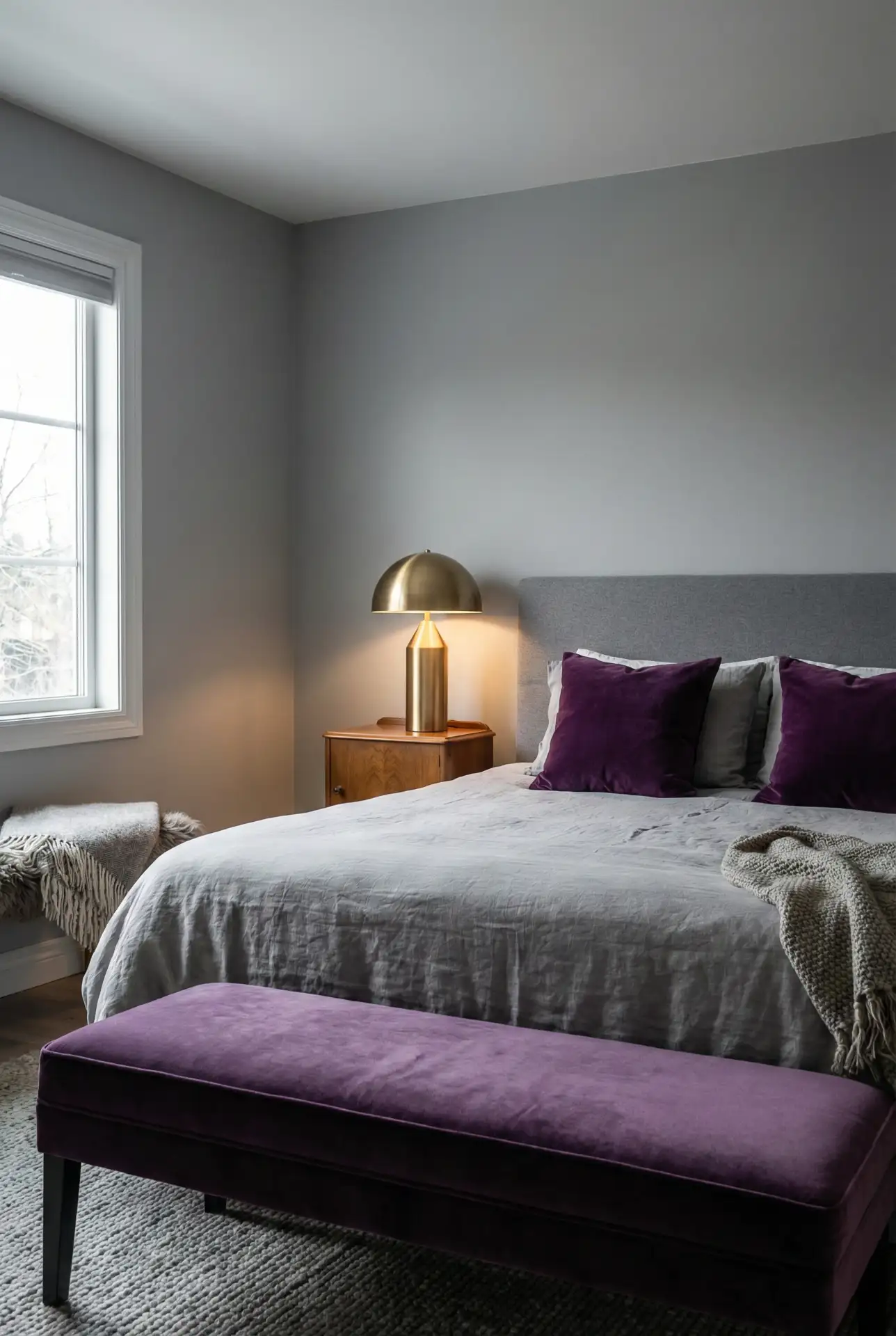 Grey Bedroom With Purple And Velvet Accents 1