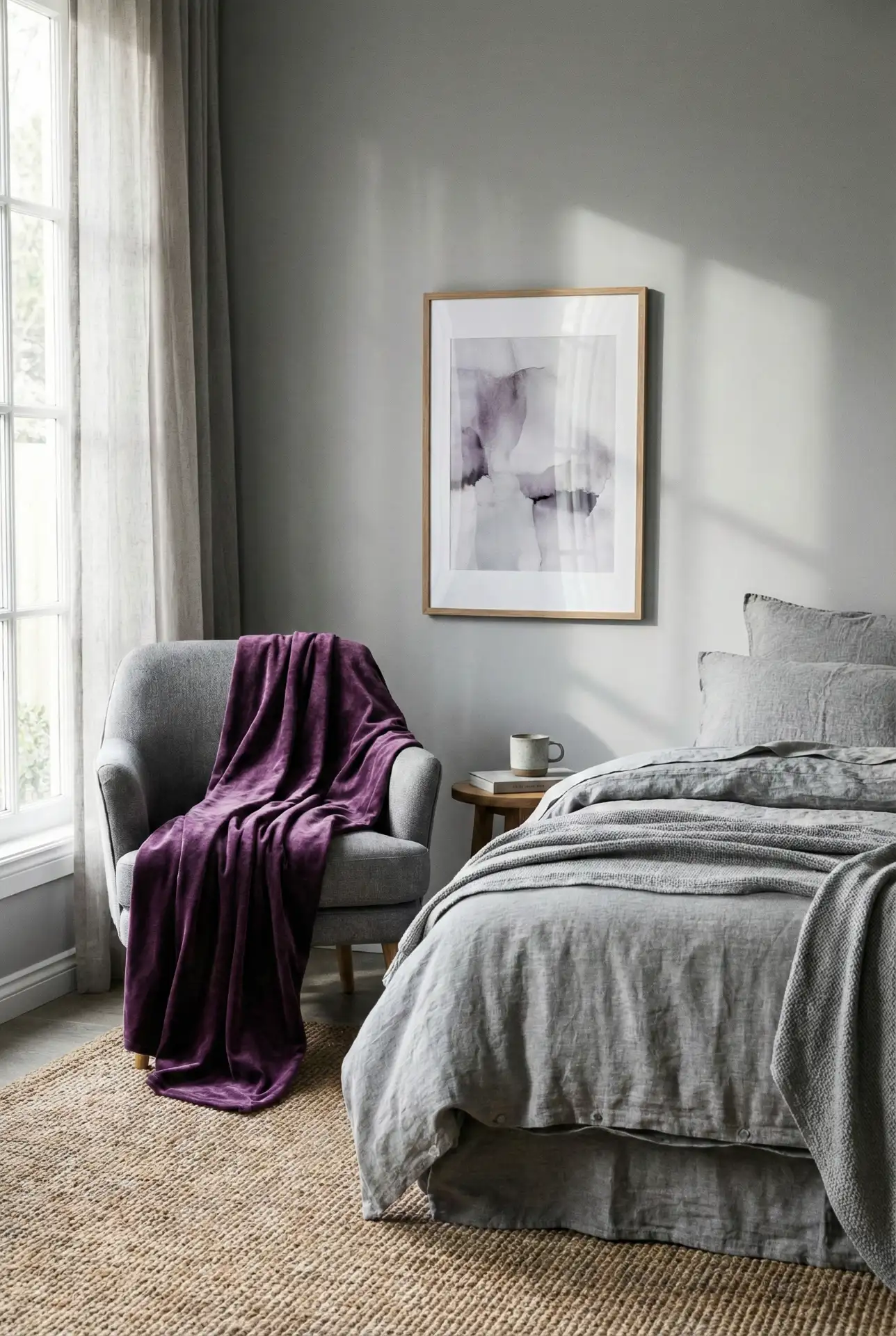 Grey Bedroom With Purple And Velvet Accents 2