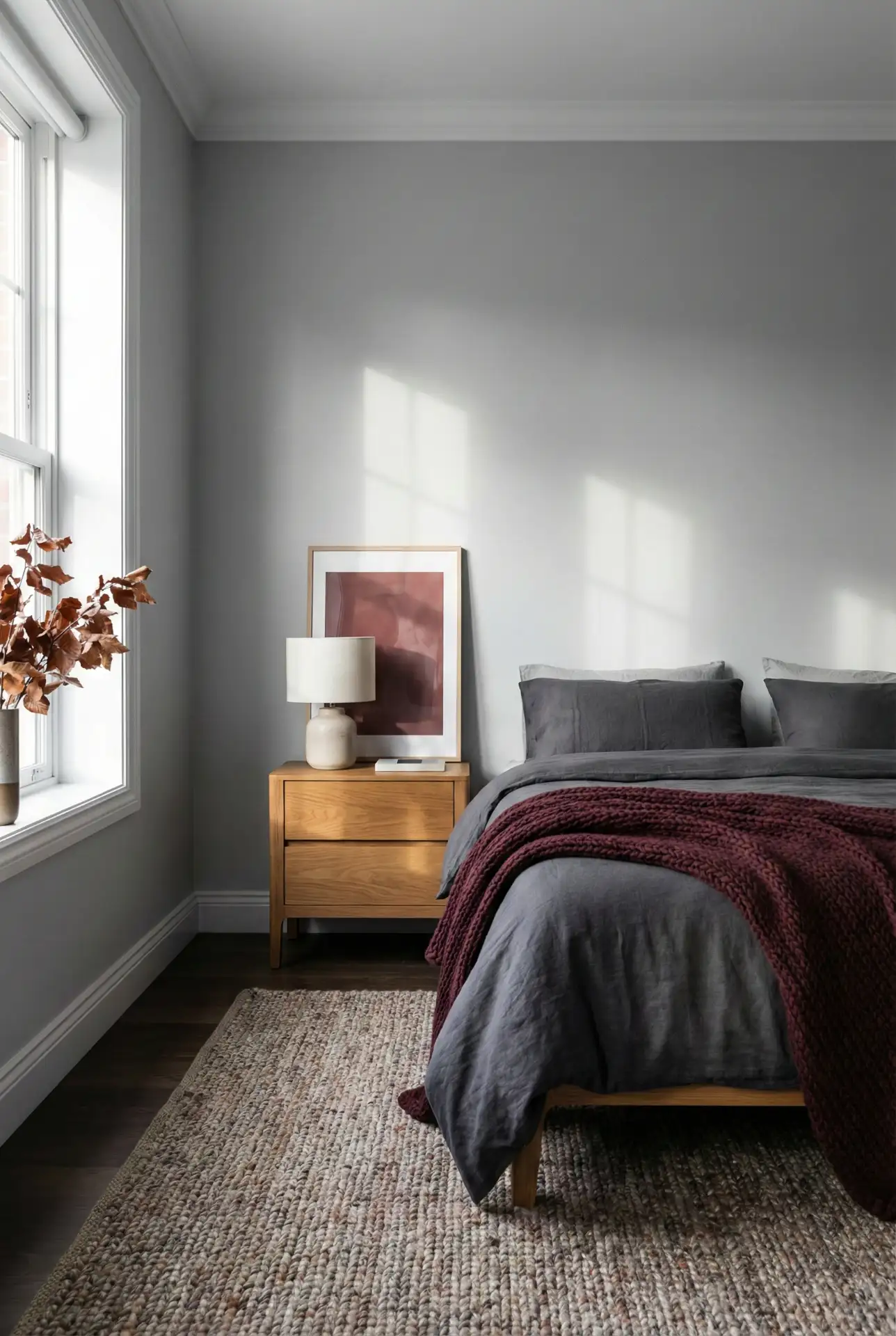 Grey Bedroom With Red And Burgundy Warmth 1