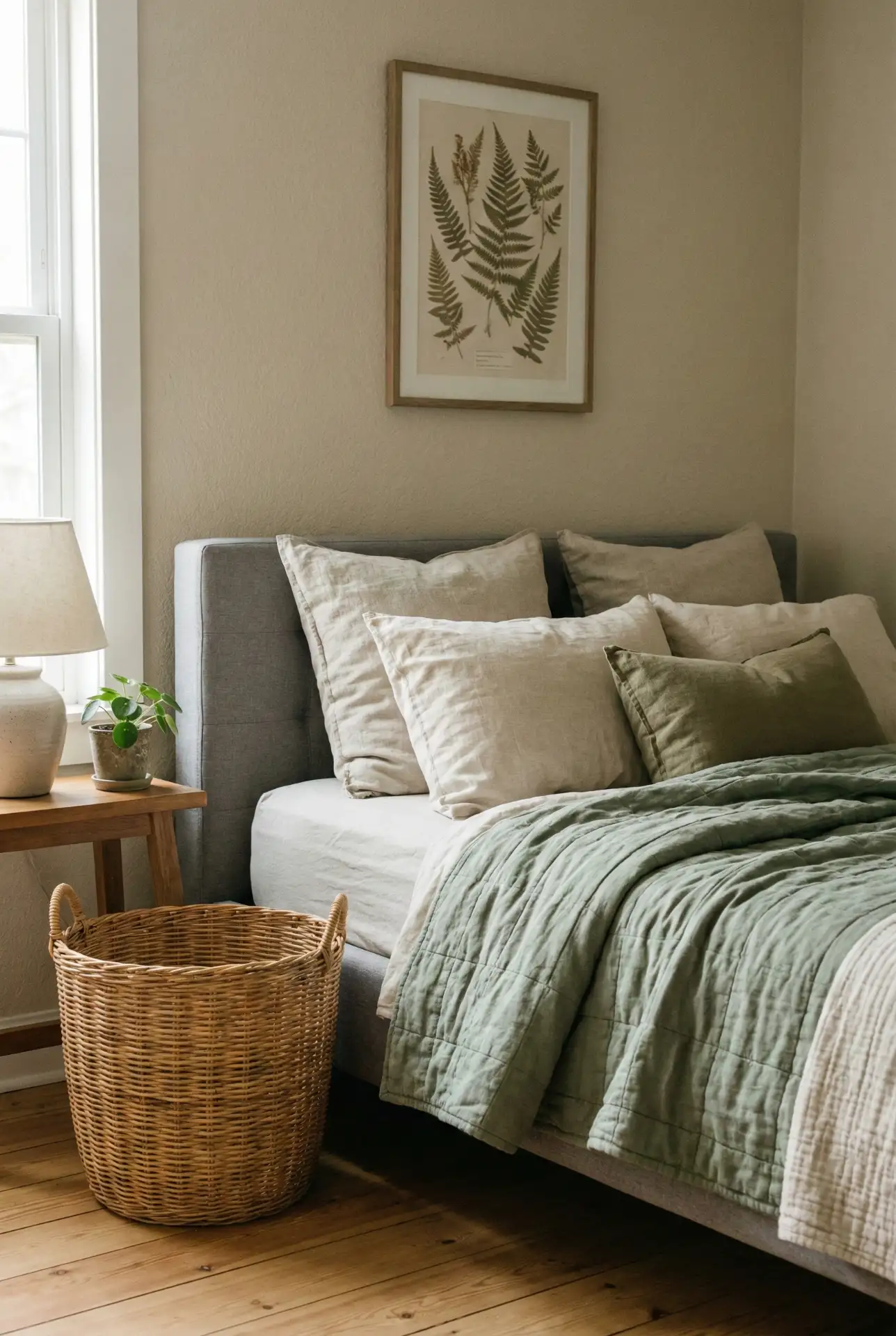 Grey Bedroom With Sage Green Accents 1