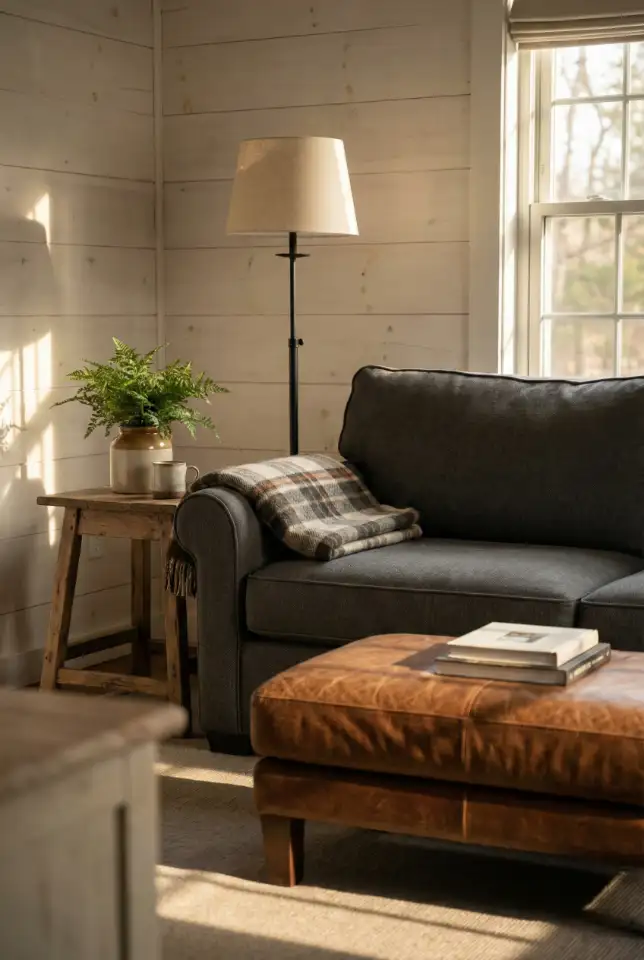 Grey Couch With Farmhouse Contrast 2