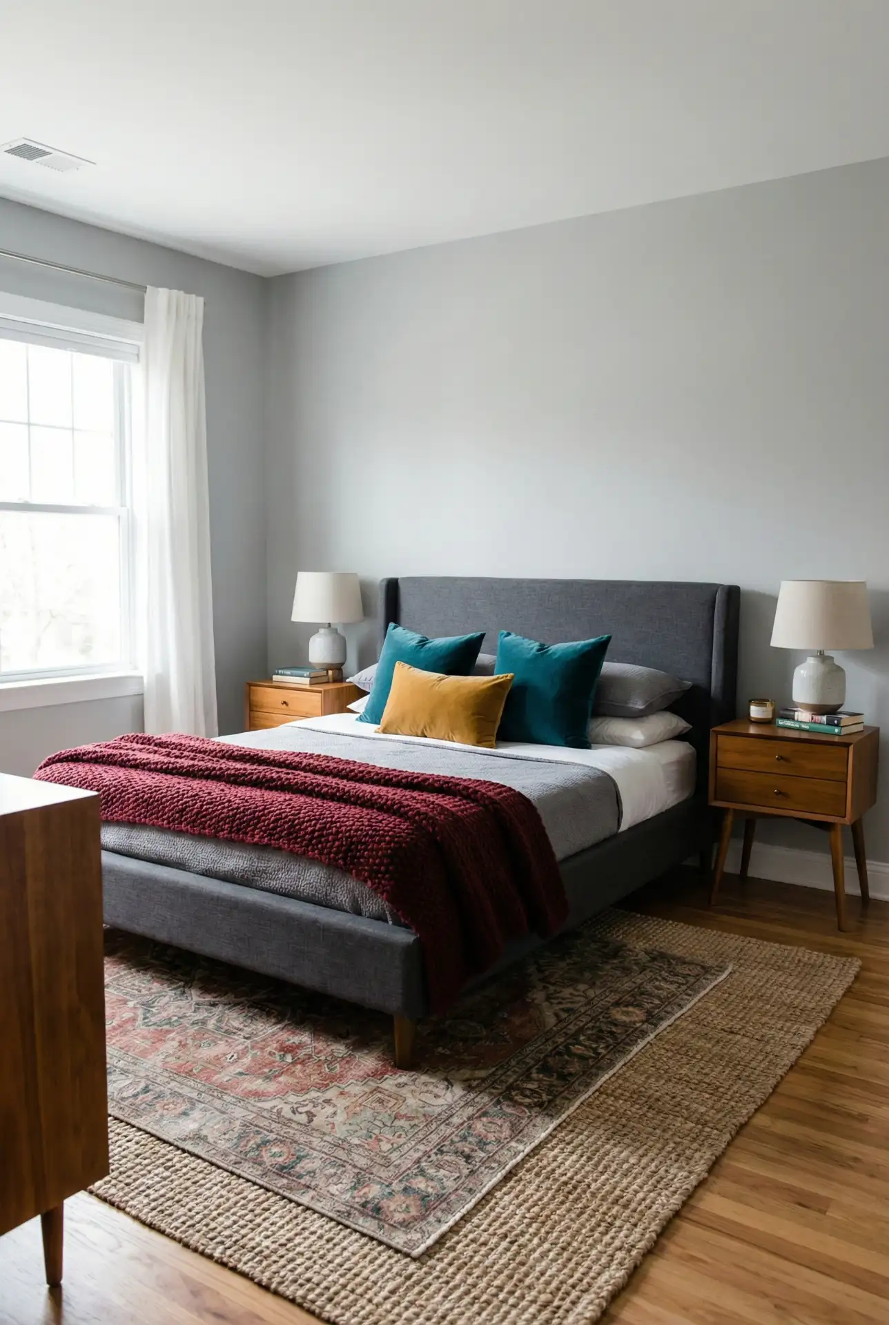 Grey Couples Bedroom With Jewel Tones 1