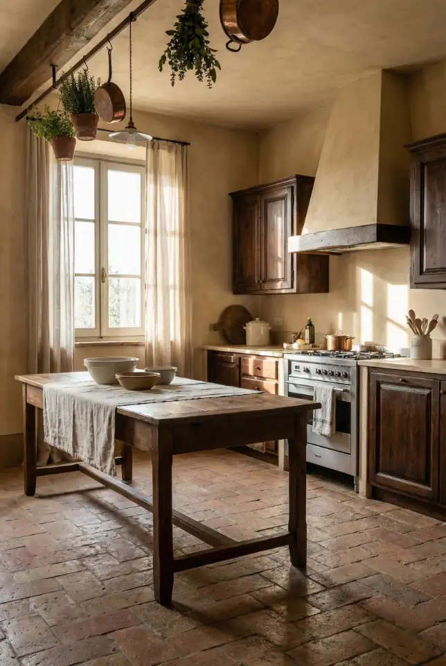 Italian Rustic Kitchen With Stone Floors And Soft Curtains 2