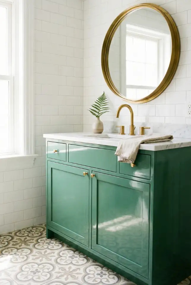 Jade And White Bathroom With Classic Floor Tiles 1