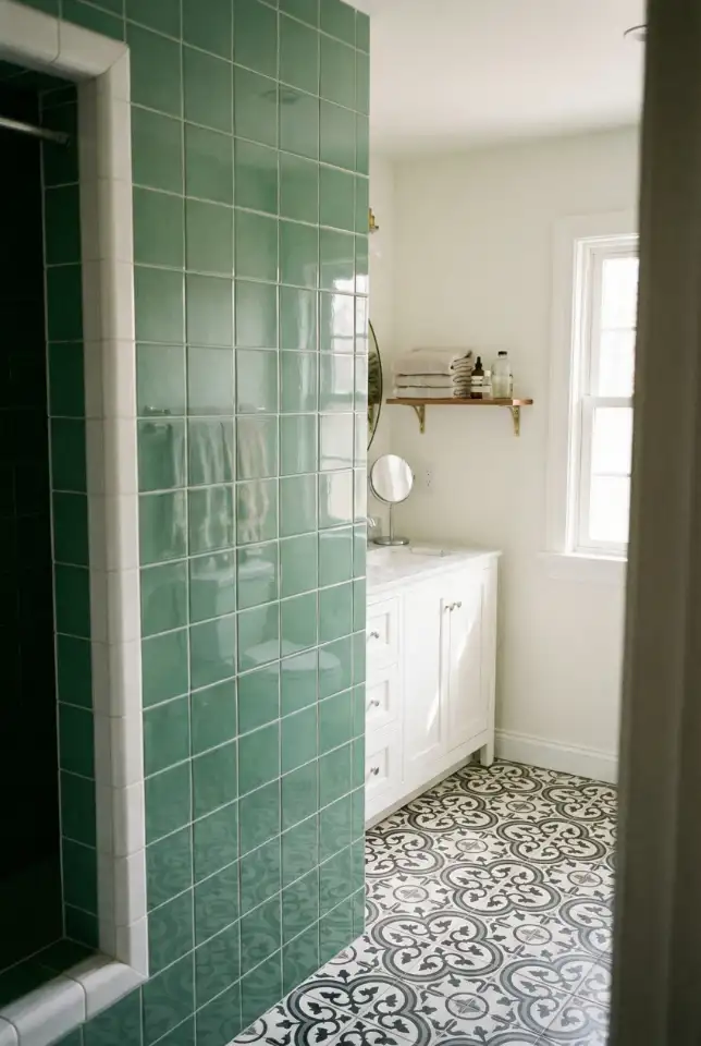Jade And White Bathroom With Classic Floor Tiles 2