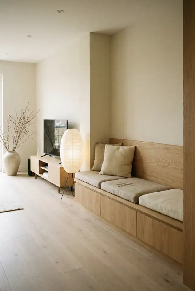 Japandi Calm Family Room With Warm Woods 1