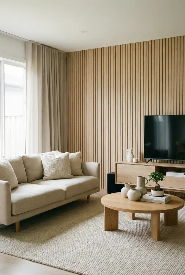 Japandi Calm Family Room With Warm Woods 2