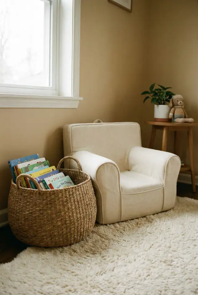 Kids Room Reading Corner With A Cozy Book Basket 2