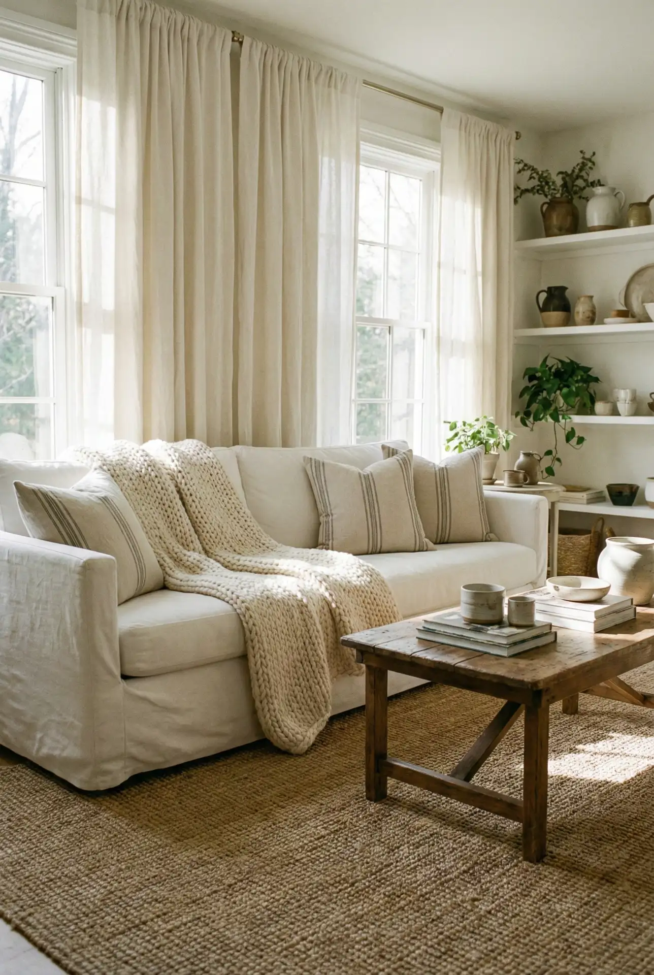 Layered Neutral Linens With Soft Cottage Curtains 2