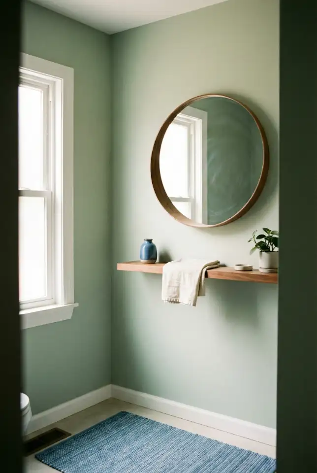 Light Sage Bathroom With Blue And Layered Accessories 1