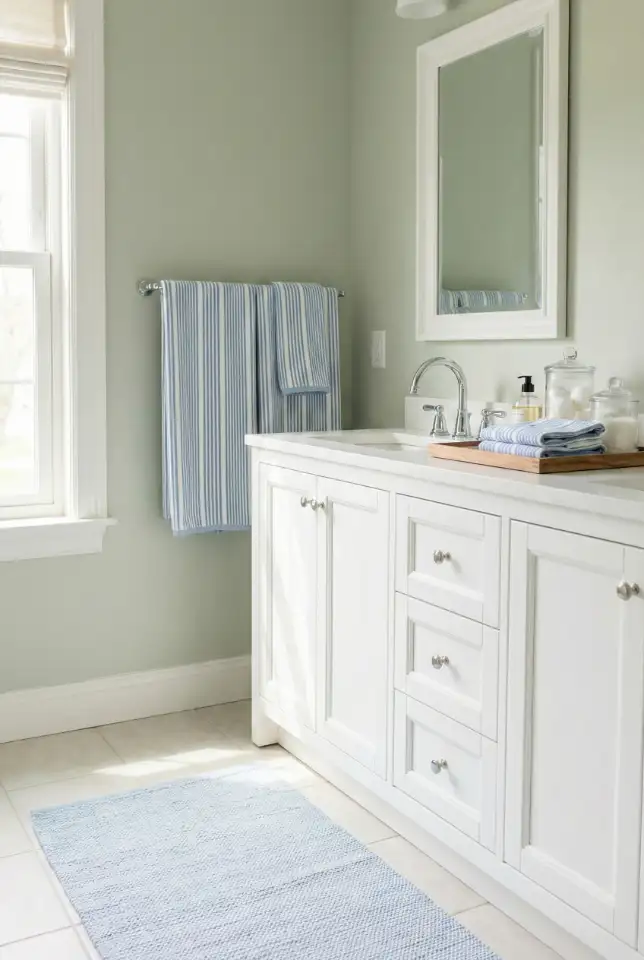 Light Sage Bathroom With Blue And Layered Accessories 2