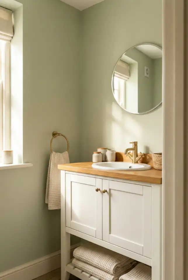 Light Sage Walls With White And Natural Wood 1