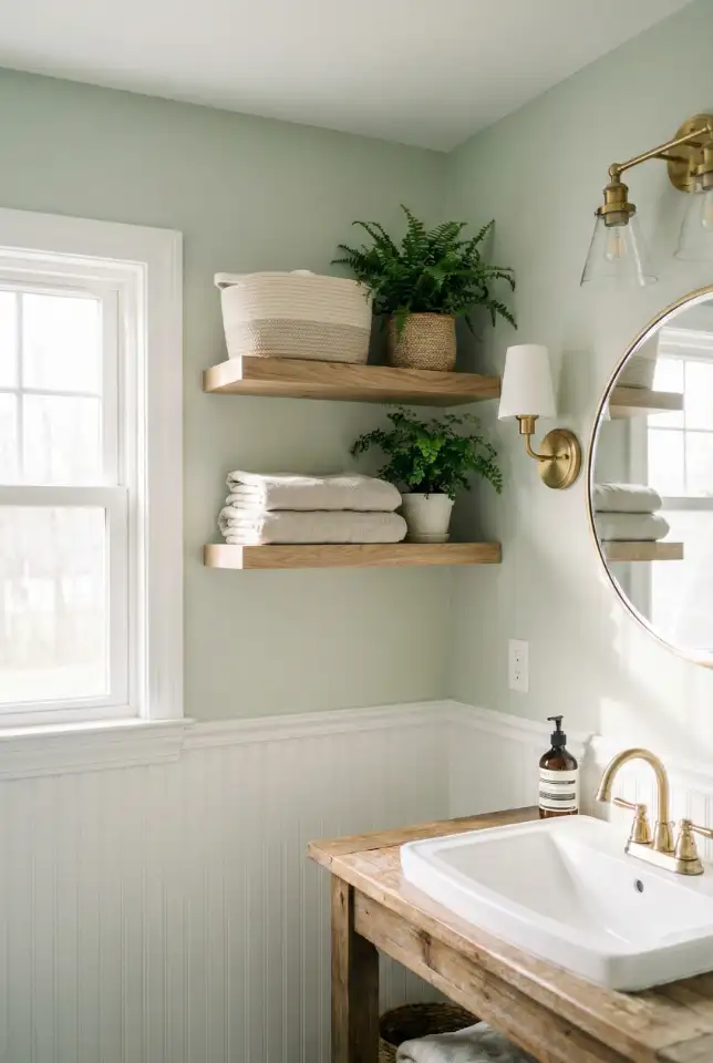 Light Sage Walls With White And Natural Wood 2